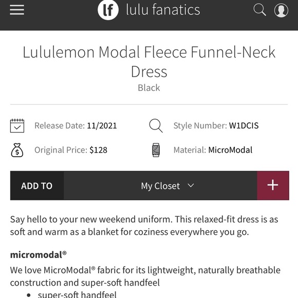 Lululemon Modal Fleece Funnel Neck Dress Size 6 in Black - Picture 14 of 15